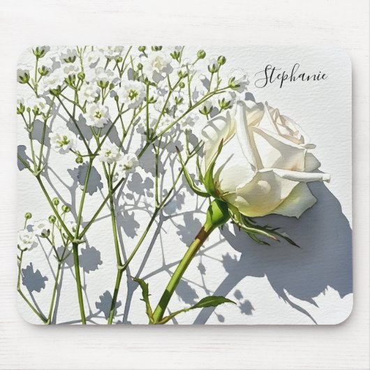 Personalized White Rose Floral Desk Mousepad (Vorne)