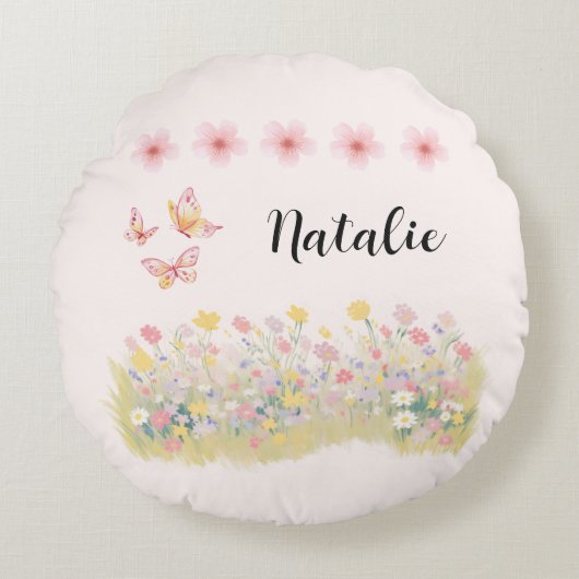 Personalized Wildflower & Butterfly Round Pillow Rundes Kissen (Vorderseite)