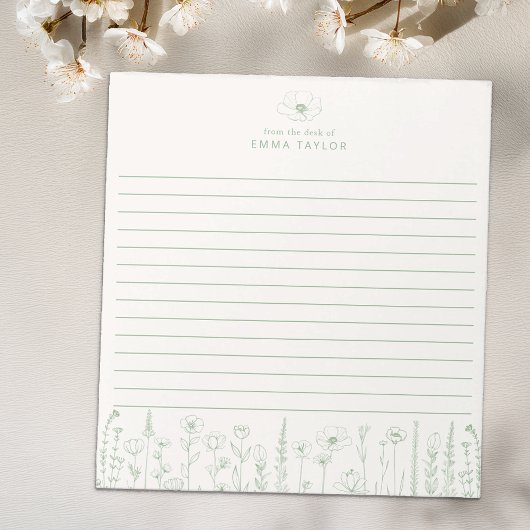 Personalized Wildflower Sage Green Desk Notepad Notizblock
