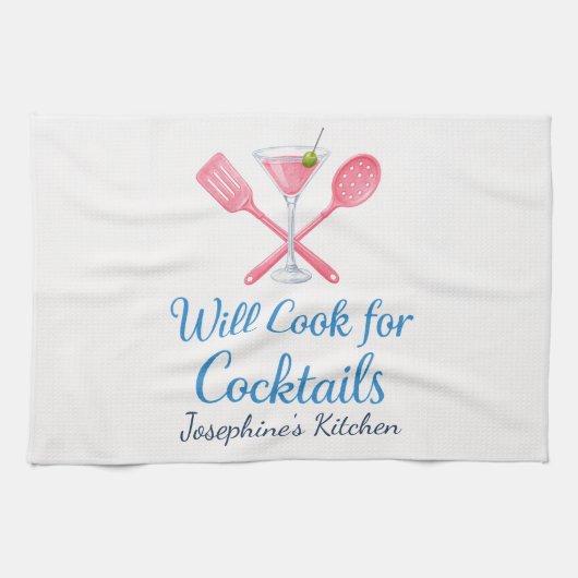 Personalized Will Cook for Cocktails Funny Elegant Geschirrtuch (Horizontal)
