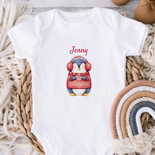 Personalized Winter Penguin Baby Bodysuit Baby Strampler