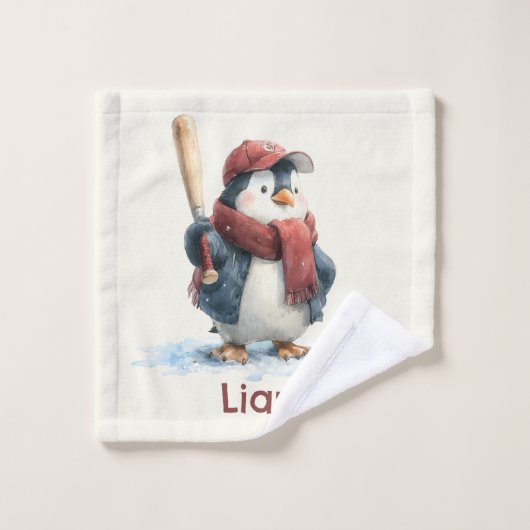 Personalized Winter Penguin Baseball Kid Badhandtuch Set (Waschlappen)