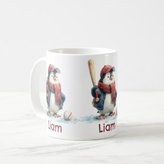 Personalized Winter Penguin Baseball Kid Kaffeetasse (Vorderseite Links)