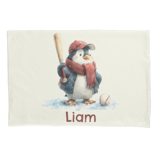 Personalized Winter Penguin Baseball Kid Kissenbezug (Vorderseite)
