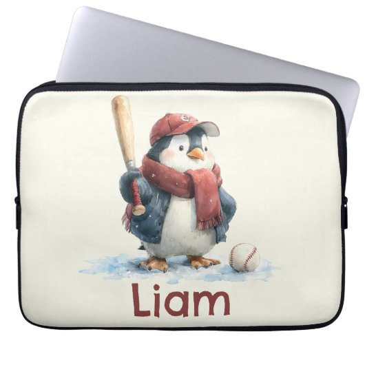Personalized Winter Penguin Baseball Kid Laptopschutzhülle (Vorderseite)