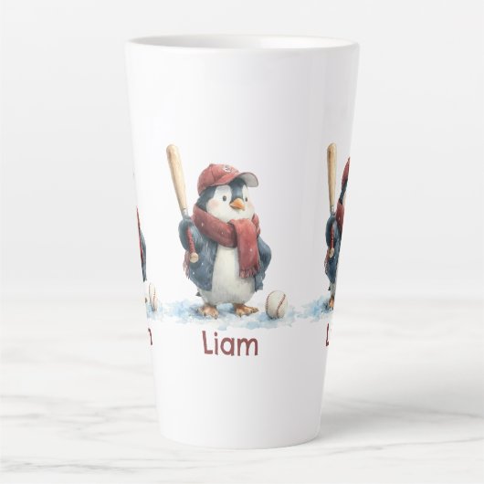 Personalized Winter Penguin Baseball Kid Milchtasse (Vorderseite)