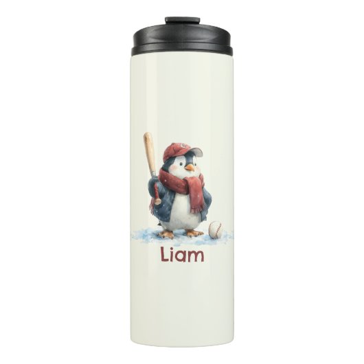 Personalized Winter Penguin Baseball Kid Thermosbecher (Vorderseite)