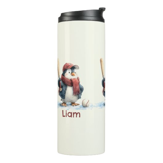Personalized Winter Penguin Baseball Kid Thermosbecher (Nach links gedreht)