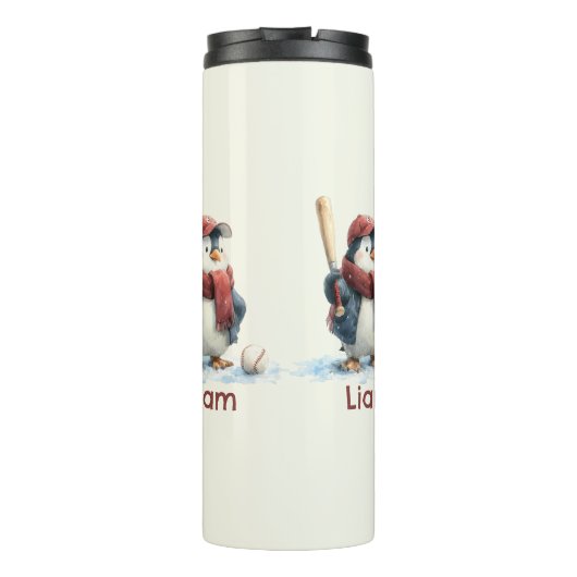 Personalized Winter Penguin Baseball Kid Thermosbecher (Rückseite)
