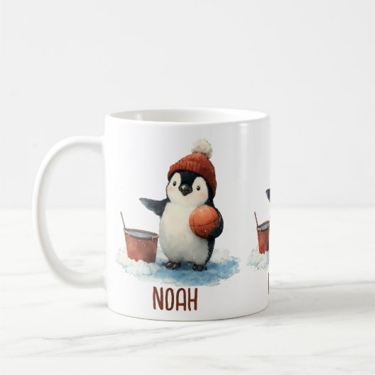 Personalized Winter Penguin Basketball Kid Kaffeetasse (Links)