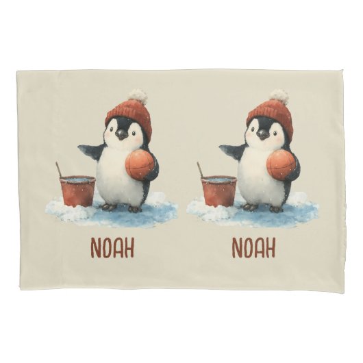 Personalized Winter Penguin Basketball Kid Kissenbezug (Vorderseite)