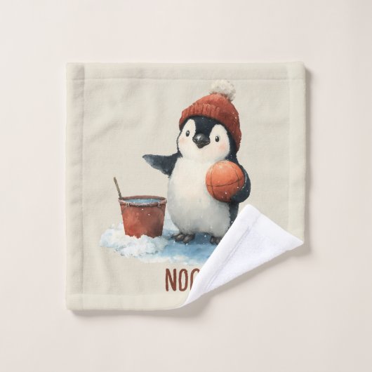 Personalized Winter Penguin Basketball Kid Towel Badhandtuch Set (Waschlappen)