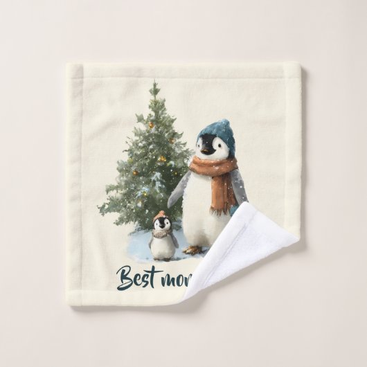 Personalized Winter Penguin “Best Mom Ever” Badhandtuch Set (Waschlappen)