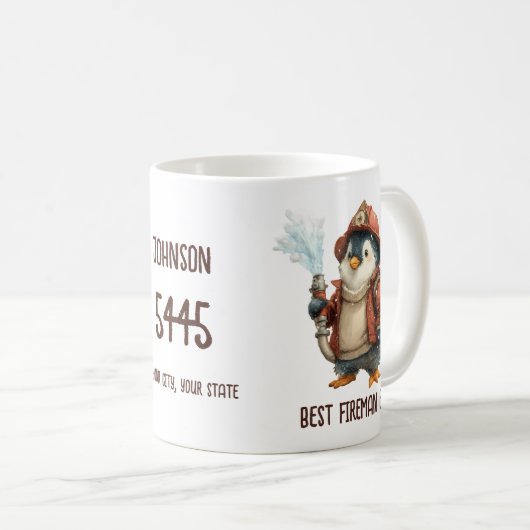 Personalized Winter Penguin Firefighter Gift Mug Kaffeetasse (VorderseiteRechts)