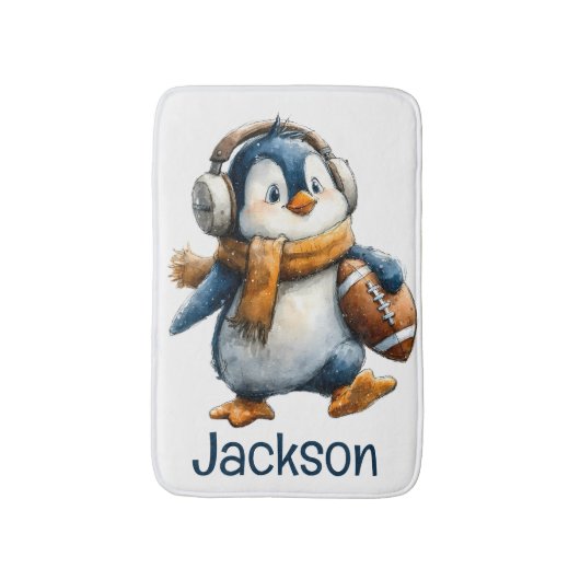 Personalized Winter Penguin Football Kid Badematte (Vorderseite Vertikal)