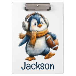 Personalized Winter Penguin Football Kid Klemmbrett