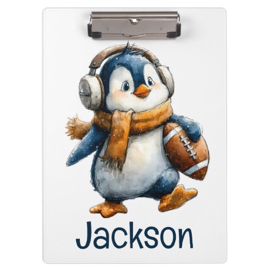 Personalized Winter Penguin Football Kid Klemmbrett (Vorderseite)