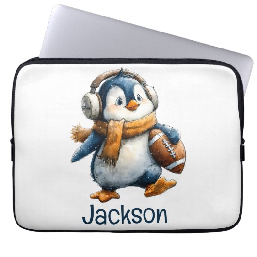 Personalized Winter Penguin Football Kid Laptopschutzhülle (Vorderseite)