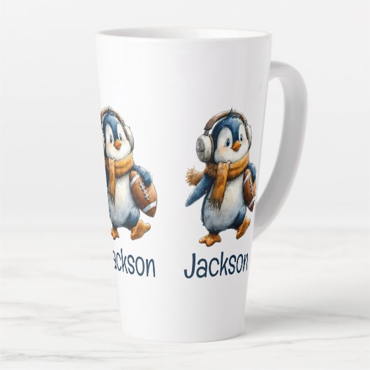 Personalized Winter Penguin Football Kid Milchtasse (Rechte Ecke)