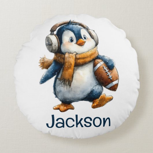 Personalized Winter Penguin Football Kid Rundes Kissen (Vorderseite)