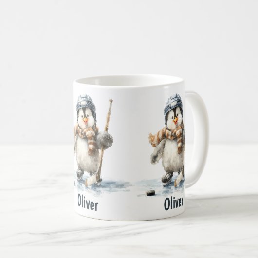 Personalized Winter Penguin Hockey Kid Kaffeetasse (VorderseiteRechts)