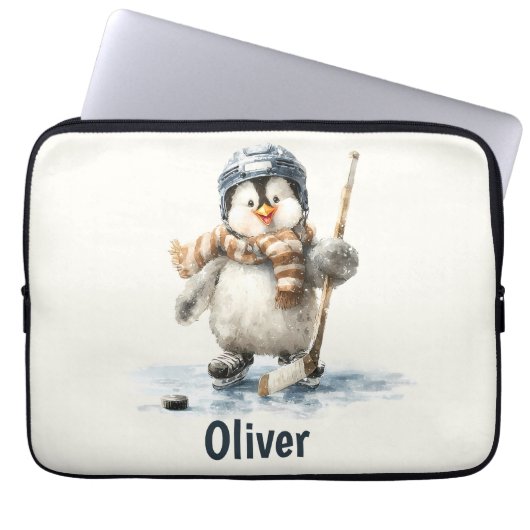 Personalized Winter Penguin Hockey Kid Laptopschutzhülle (Vorderseite)