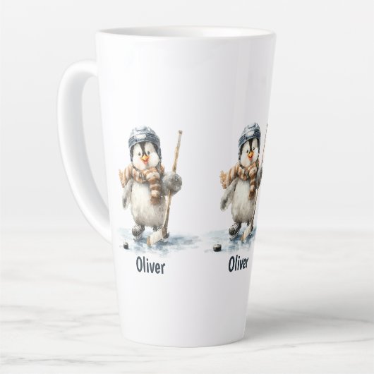 Personalized Winter Penguin Hockey Kid Milchtasse (Linke Ecke)