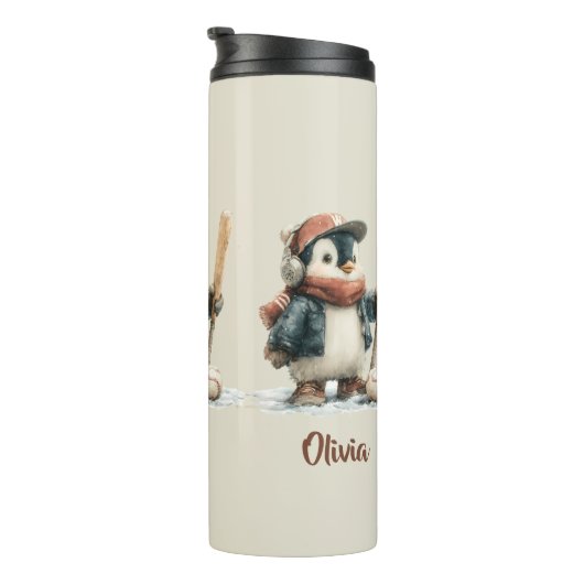 Personalized Winter Penguin Softball Kid Thermosbecher (Nach rechts gedreht)