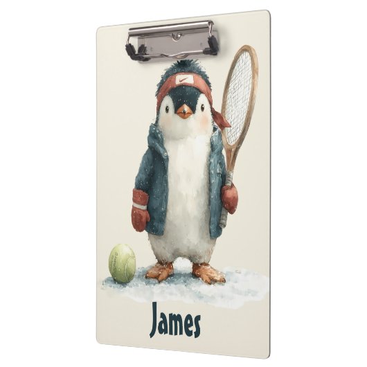 Personalized Winter Penguin Tennis Kid Klemmbrett (Links)