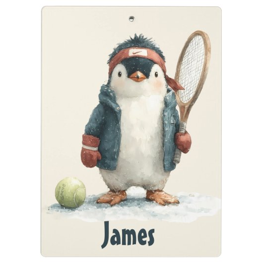 Personalized Winter Penguin Tennis Kid Klemmbrett (Rückseite)