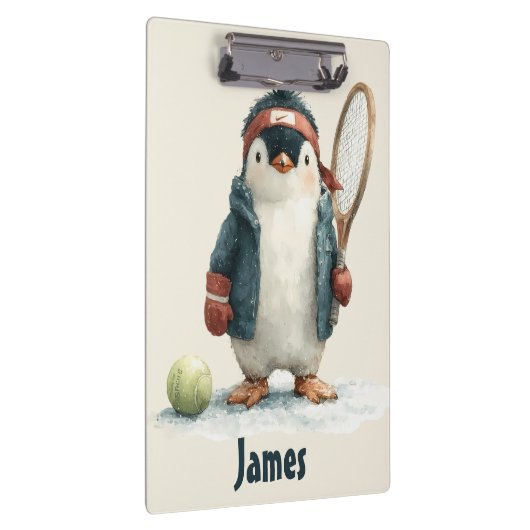 Personalized Winter Penguin Tennis Kid Klemmbrett (Rechts)