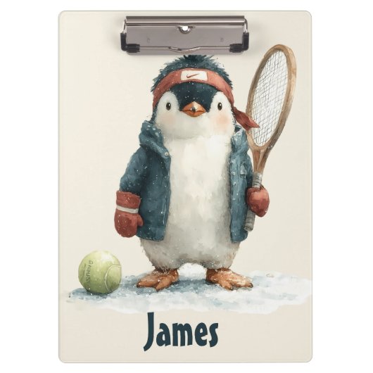 Personalized Winter Penguin Tennis Kid Klemmbrett (Vorderseite)
