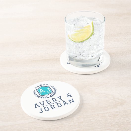 Personalized wite blue Monogram Wedding  Getränkeuntersetzer (Seite)