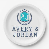 Personalized wite blue Monogram Wedding Pappteller (Vorderseite)