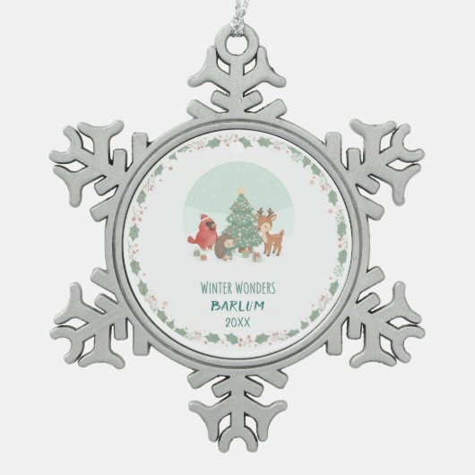 Personalized Woodland Friends Schneeflocken Zinn-Ornament (Vorderseite)