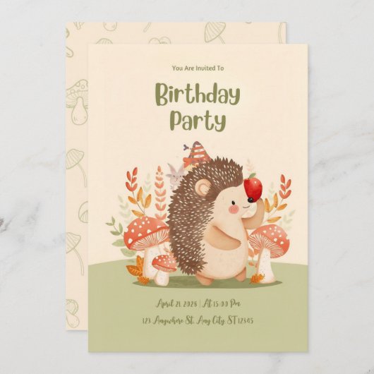 Personalized Woodland Hedgehog Birthday Invitation Einladung (Vorne/Hinten)