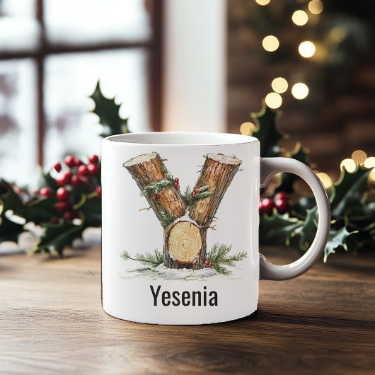Personalized Woodland Log Monogram Y Christmas Kaffeetasse