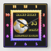 Personalized Yellow Text Soccer square clock Quadratische Wanduhr (Vorderseite)