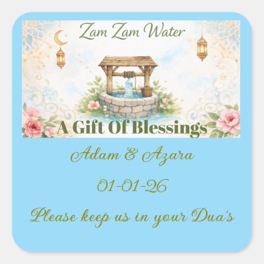 Personalized Zam Zam Water Label –Floral & Islamic Quadratischer Aufkleber (Vorderseite)