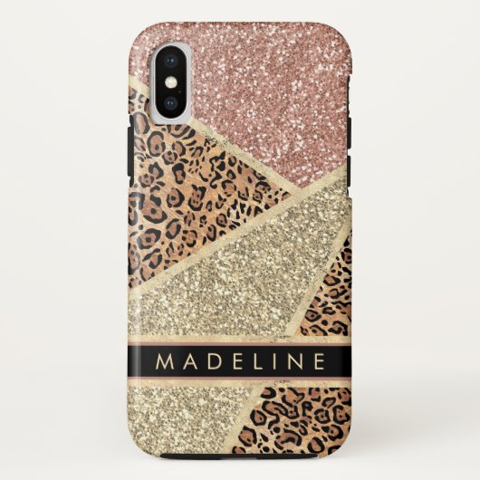 Persönlich gestreifte Rose Gold Glitzer Leopard Case-Mate iPhone Hülle (Rückseite)
