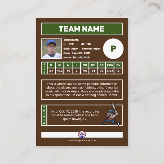 Persönliche Baseball-Karte (Maßgeschneiderte Pitch Visitenkarte (Rückseite)