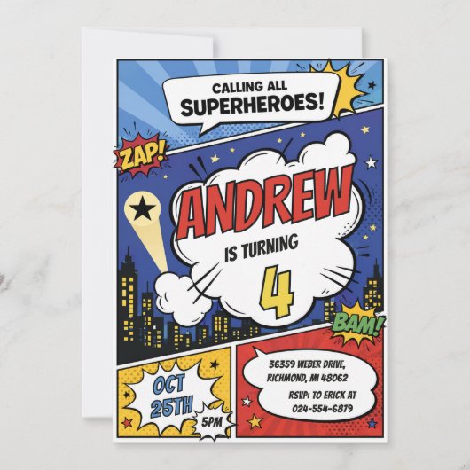 Persönliche Comic-Superhelden-Geburtstag Einladung (Vorderseite)
