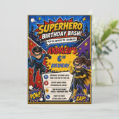 Persönliche Comic-Superhelden-Geburtstagsfeier Einladung (Stehend Vorderseite)