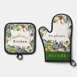 Persönliche Gestaltung farbenfroher Oliven auf Wei Ofenhandschuh & Topflappen-Set