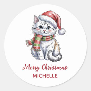 Persönliche Katze mit Weihnachtsmannmütze Weihnach Runder Aufkleber