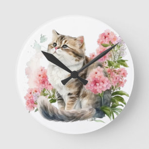 PERSÖNLICHE WASSERKATZE MIT PINK-BLUME RUNDE WANDUHR