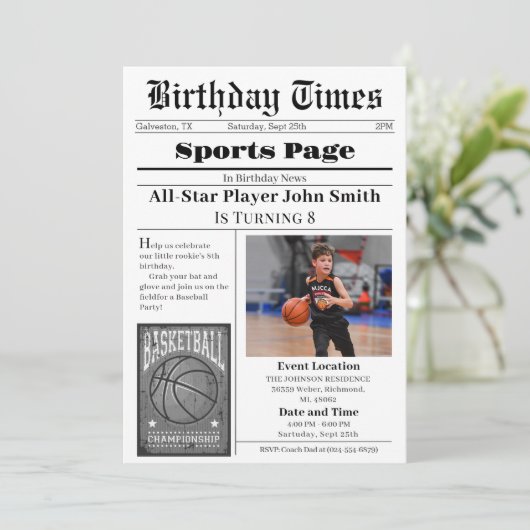 Persönlicher Basketball Geburtstag mit Foto Einladung (Stehend Vorderseite)