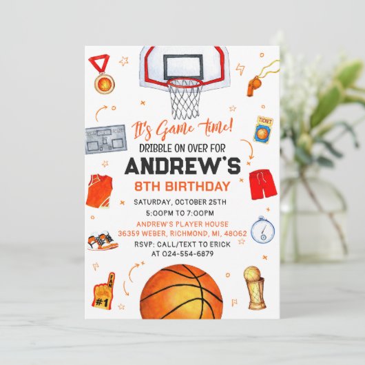 Persönlicher Basketball Geburtstag mit Foto Einladung (Stehend Vorderseite)
