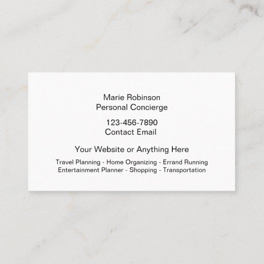 Persönlicher Concierge und Assistent Visitenkarte (Rückseite)