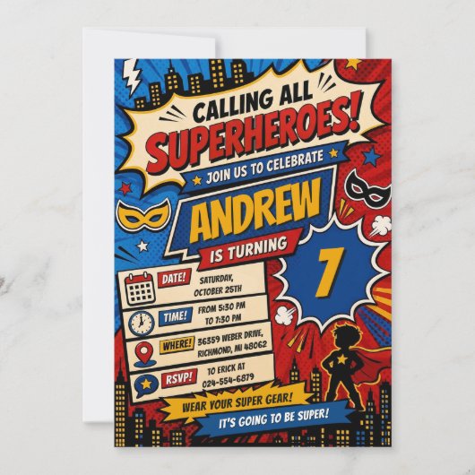 Persönlicher digitaler Comic-Superhelden-Geburtsta Einladung (Vorderseite)